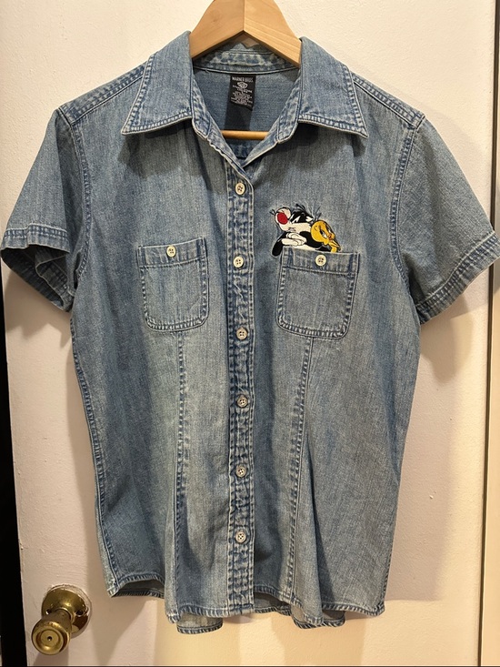 Warner Bros. Tops - Warner Bros. Light Blue Denim Button-Down Shirt with Character Embroidery